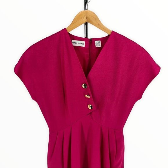 80’s Vintage Albert Nipon Bright Pink Dress with Gold Buttons - Picture 2 of 12